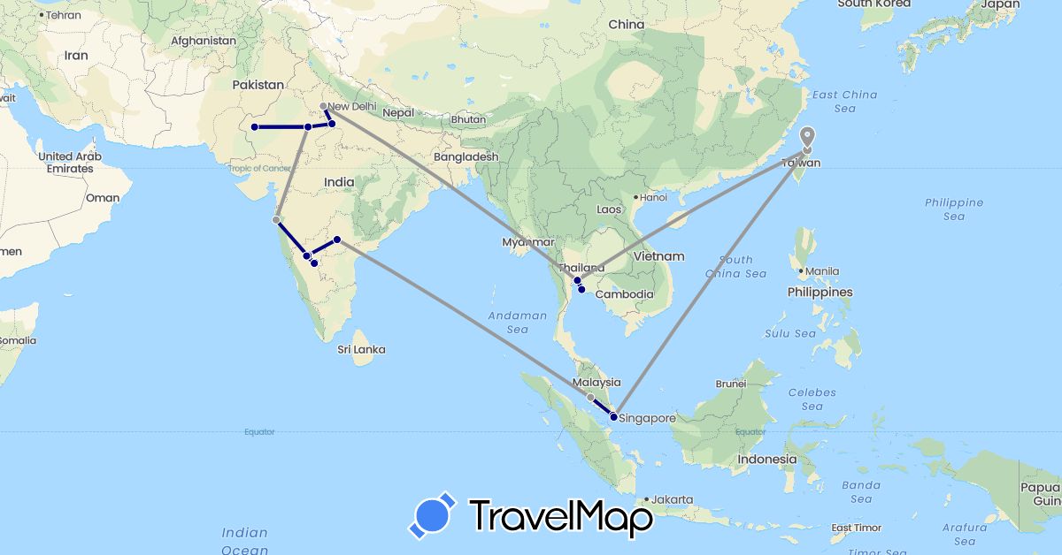 TravelMap itinerary: driving, plane in India, Malaysia, Singapore, Thailand, Taiwan (Asia)